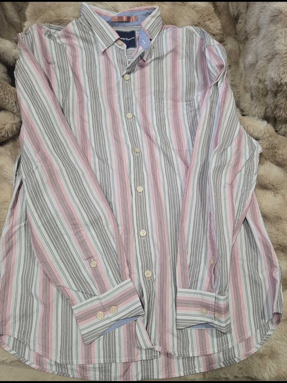 Tommy Bahama Pink, Gray & White Striped Button-Up Shirt